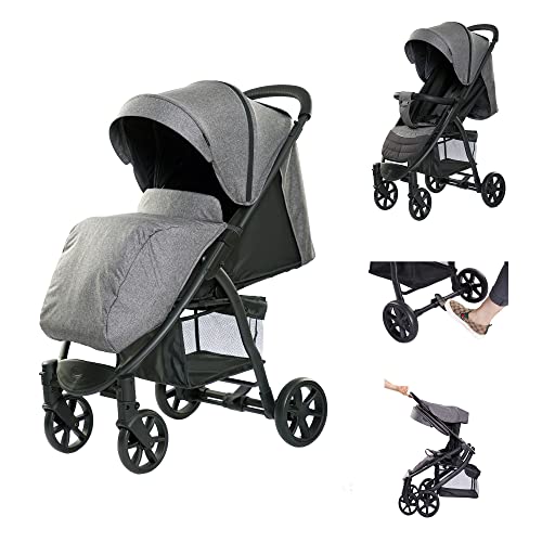 RICCO Poussette pliable pour bébé avec système d'inclinaison à 3 positions, harnais à 5 points, pare-chocs avant, dossier, repose-pieds, auvent pour 0-3 ans (HR706-gris)