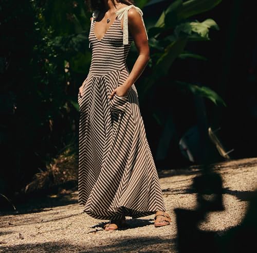 Image of Women Casual Summer Dresses Smocked V Neck Beach Dress Striped Sleeveless Sundress Flowy Long Dress with Pockets