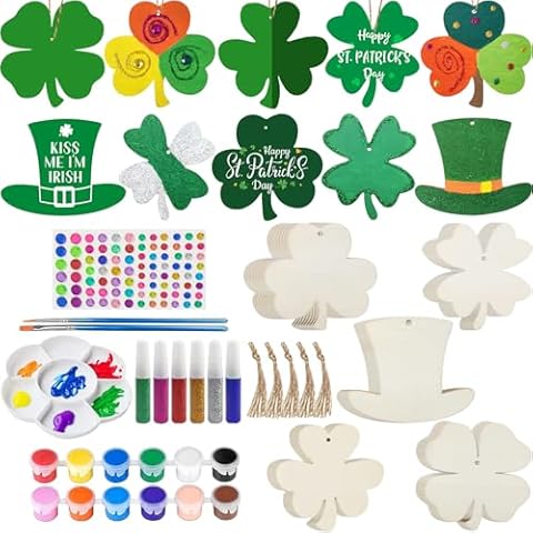 Honbuaty St. Patrick's Day Wood Crafts, Unfinished Wooden Shamrocks Four-Leaf Clover Hat Ornaments Painting Craft Kit for Kids Adults to Paint, Irish Party Hanging Decoration DIY Crafts Cover