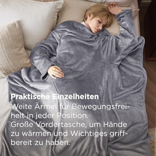 BEDSURE Decke mit Ärmeln Kuscheldecke - Weihnachten Geschenke für Frauen und Männer, Warm Ärmeldecke & Sofadecke für Erwachsene, Flauschige Ganzkörperdecke zum anziehen, Tragbare Decke, 150x200cm,Grau
