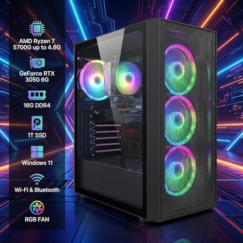 Image of STGAubron Gaming PC Computer Desktop, AMD Ryzen 7 5700G up to 4.6G, GeForce RTX 3050 6G, 16G DDR4, 1T SSD, WiFi 6, BT 5.2, RGB Fan x4, Windows 11 Home
