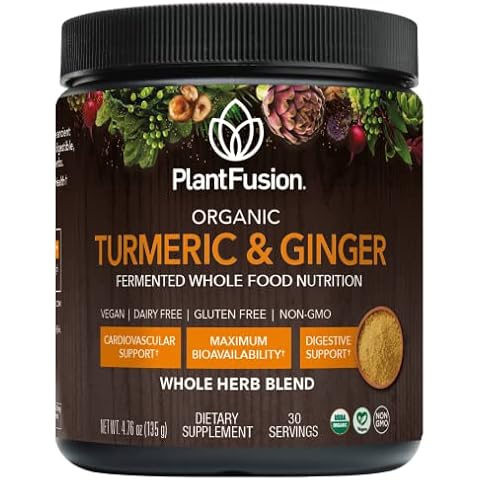 PlantFusion Turmeric and Ginger Drink Mix - Fermented Whole Food Nutrition, Herbal Supplement Powder with Curcuminoids - USDA Certified Organic, Non-GMO, Vegan, Gluten-Free, 4.76 oz 30 Servings Cover