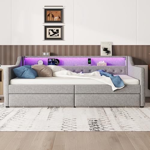 Aoskem Polsterbett Tagesbett Einzelbett 90x200 mit 2 Stauraum Schubladen, Kinderbett LED-Sofabett mit USB-Ladebuchse, Bettgestell mit Lattenrost, Jugendbett Schlafsofa, Ohne Matratze, Leinen (Grau)