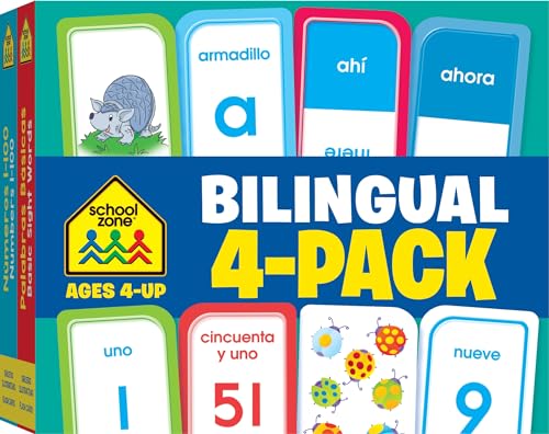 Image of School Zone Preschool Spanish Bilingual 4-Pack Flash Cards: 224 Cards, Tarjetas de Índice Bilingües Español/Inglés, Alphabet, Sight Words,: Numbers 1-100, Colors & Shapes, Language Immersion, Ages 4+ (Spanish/English Edition)
