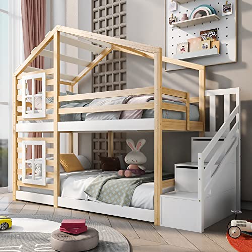 Oyemige Kinderbett Hausbett 90 x 200 mit Schublade und Rausfallschutz,...