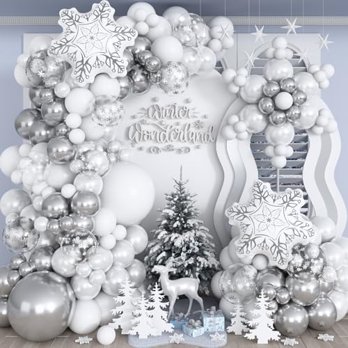 Kit de 116 grinaldas de arco de balões de inverno do país das maravilhas, balões de látex prateados metálicos brancos com flocos de neve, balões de alumínio de hélio para o Natal, ano novo