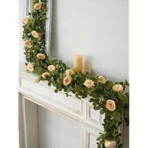 PARTY JOY 6.56ft Eucalyptus Garland with Flowers-8 Champagne Roses-Lush,Natural Looking, Floral Garland Greenery Garland for Party Wedding Table Indoor Outdoor Backdrop Wall Decor(Champagne,1) PARTY JOY 656ft Eucalyptus Garland with Flowers 8 Champagne Roses LushNatural Looking Floral Garland Greenery Garland for Party Wedding Table Indoor Outdoor Backdrop Wall DecorChampagne1