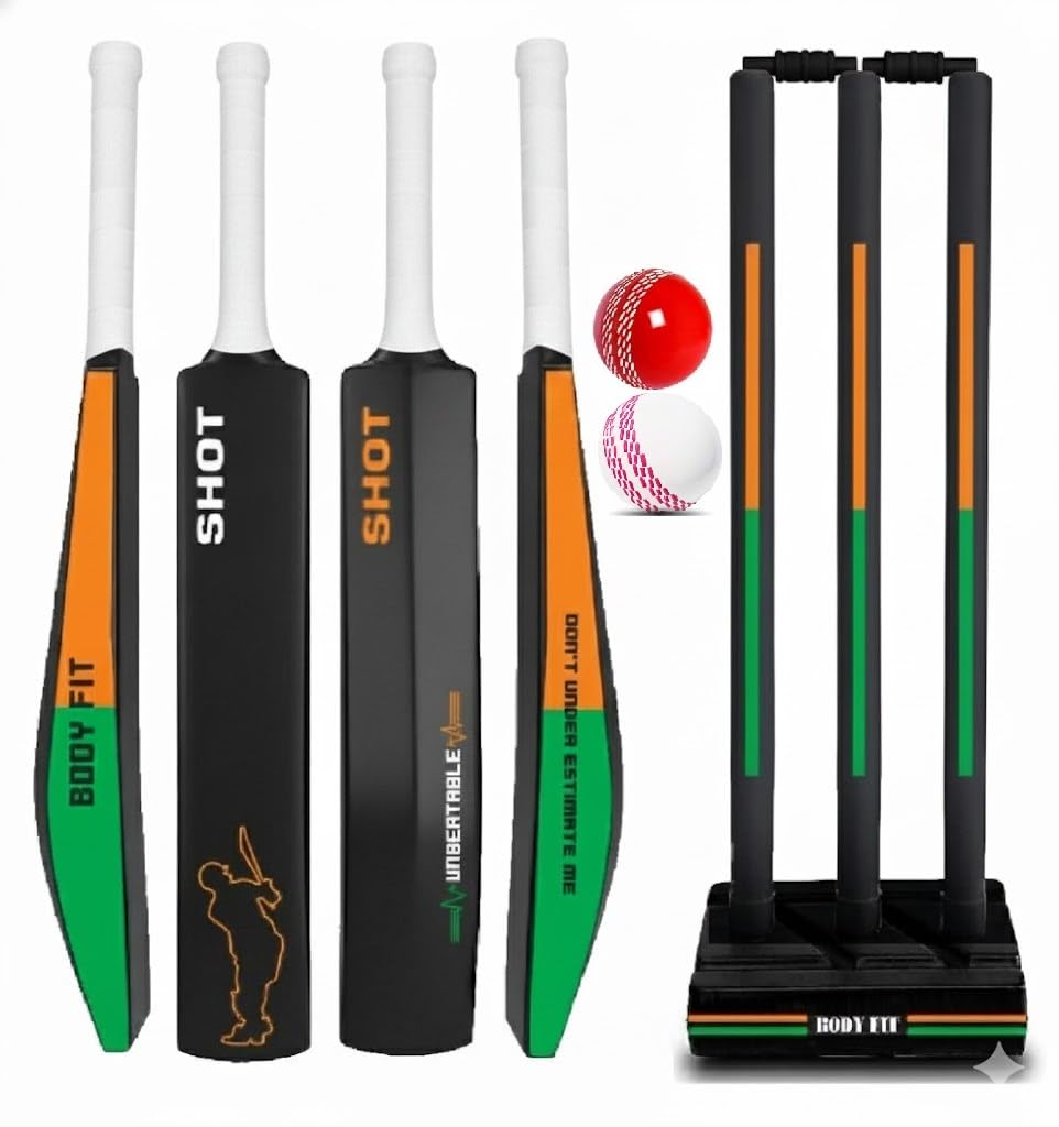 Bodyfit Heavy Duty Plastic Premium Cricket Kit Set | Lightweight| Full Size| | Hard Plastic Bat| Premium Cricket Wicket Set l 3 Stumps+2 Bails+1 Stand Set, 2 Balls, Ultimate Style,Shot OG. | Complete Cricket Set, Plastic Stumps Included, Balls-picture-29