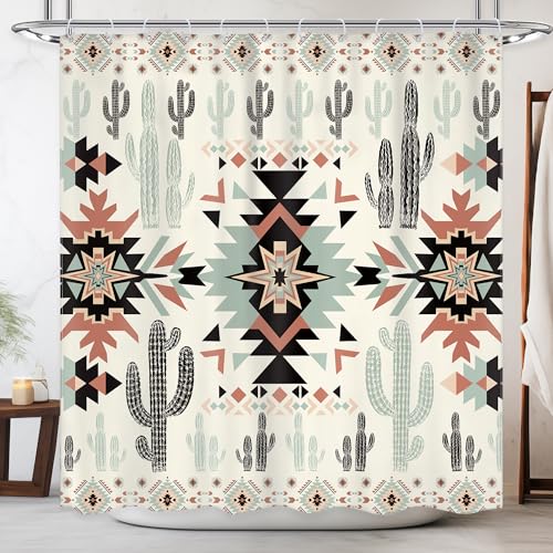 Newsely Duschvorhang mit westlichem Azteken-Kaktus, 183 x 200 cm (B x H), Südwestlicher Boho-Stil, Tribal, geometrisch, ethnisch, Badezimmer-Set, indianisch, wasserdicht, Baddekoration, Zubehör