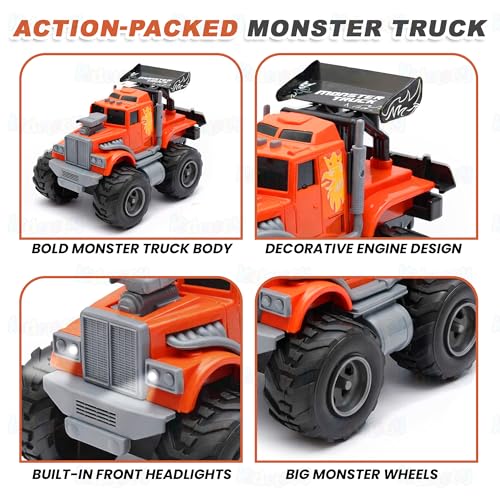 Image of Kidology Monster Truck City Service Friction Car Toy | Push & Go All-Terrain Off-Road Vehicle with Flashing Lights & Sounds | Heavy-Duty Big Wheel Action Toy for Kids (Orange)