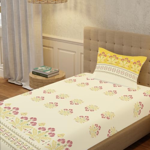 Urban Space Serene 100% Cotton Bedsheet for Single Bed, 200 TC Floral Single Bedsheet with 1 Pillow Cover (58 X 90 Inches, Malhaar Mustard Yellow)