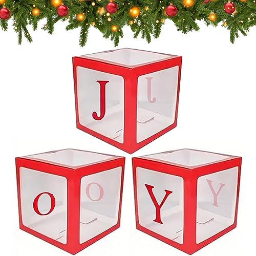 Decorhome Caja de regalo de Navidad, caja grande de alegría roja transparente con decoraciones navideñas en el interior, 3 unidades apilables Joy decoraciones navideñas para el jardín de casa