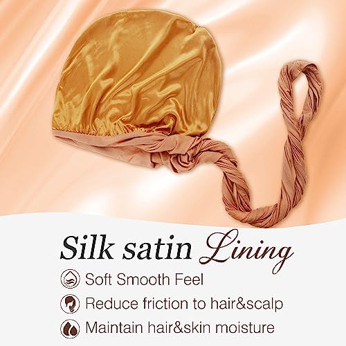 Silky Satin Lined Turban For Women Mens Halo Turban Half Pre-Tied Beanie Hats Silky Lined Durag For Waves And Locs Sleeping Bonnet Sleep Cap, Khaki, 1 Pcs #TOP2