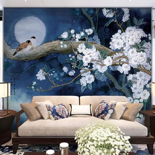 Tzxztt Luna Ramas Flores Pájaros Arte Papel Pintado 3D Seda Texturizada Primera Calidad Neutros Material Ideal Para SalóN Dormitorio-200cm×140cm