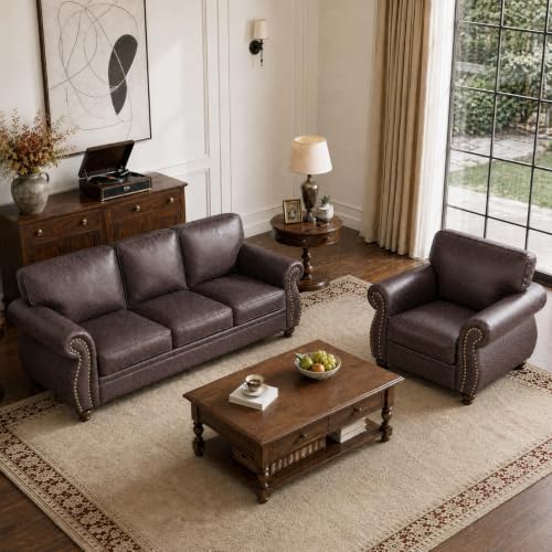 Image of Couchus 88 inch W Living Room Furniture Sets, 3-Seater&Single, Brown
