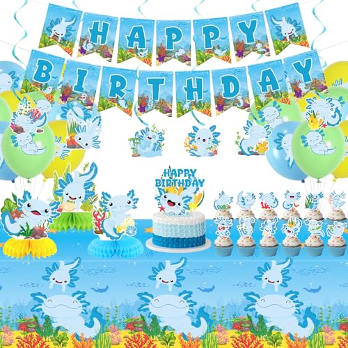 Obussgar Blau Axolotl Geburtstag Party Dekorationen - Axolotl Party Zubehör einschließlich Happy Birthday Banner, Spiralen, Cake Toppers, Tisch Centerpieces, Luftballons (LQ)