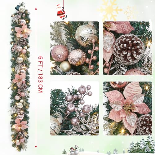 GarveeHome 6ft Prelit Christmas Garland for Mantle, Battery Operated Xmas Garland with 20 LED Lights Timer Rose Gold Balls for Fireplace Stair Railing TV Stand Indoor Outdoor Holiday Decor