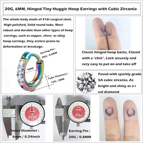 Image of Hypoallergenic Unisex Surgical Steel Small Cubic Zirconia Huggie Hoop Earring, Color Gold - Silver - Rose Gold - Black - Rainbow, Size 6mm- 12mm Safe for Sensitive Ear