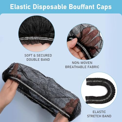 Image of Amazon Brand QWENOX Disposable Bouffant Caps Hair Net Cap 100 Pcs Elastic Mob Caps for Food Service, Medical Use, Sleeping Head Cover, Factory Warehouse Worker, Beauty (Black)