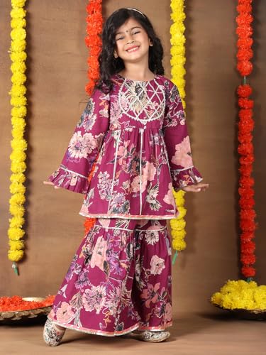 Image of superminis Girls Cotton Floral Printed Gotta Work Full Sleeves Kurti and Matching Sharara Ethnic Wear Set