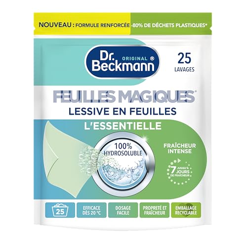 Dr. Beckmann FEUILLES MAGIQUES Lessive en feuilles L'ESSENTIELLE | Format pré-dosé, pratique et léger | 100% hydrosoluble, facile à utiliser et ranger | 25...
