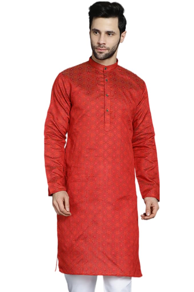 Jompers Men's Red Woven Design Kurtas (Red, L)