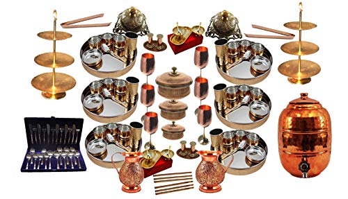 Handmade Indian Dinnerware Stainless Steel Copper Traditional Dinner Set of Thali Plate, Bowls, Glass, Sweet Dish, Spoon, Cake Stand, Water Jug, Water Dispenser, Nut Bowl, Serving Bowl Tureen with Lid