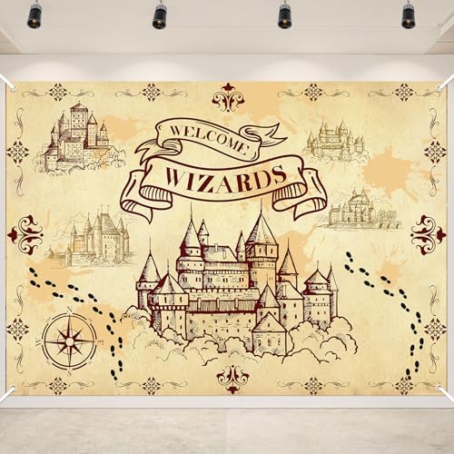7 x 5 FT Welcome Wizards Backdrop Extra Large Magic Castle Theme Wall Hanging Vintage Map Parchment Style Photo Background Booth Prop for Indoor Outdoor Party Decorations