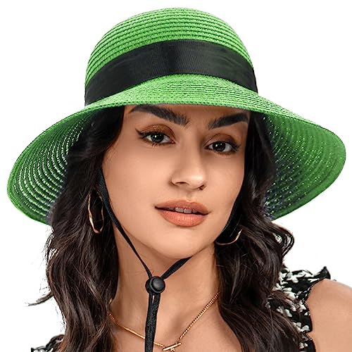S.ROMZA Sun Straw Hat for Women with Wind Lanyard Wide Brim Foldable Beach Summer Hats Womens UV 50+ Protection Bowknot Cap (Grass Green)