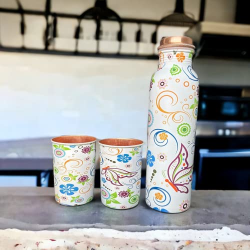 Image of Copper Water Bottle 1 Ltr | Copper Water Bottle with Glass Set | Meena Work | 100% Pure | Leak-Proof | 2 Water Glass 300ml each | Best for Gifting (Meena Printed)