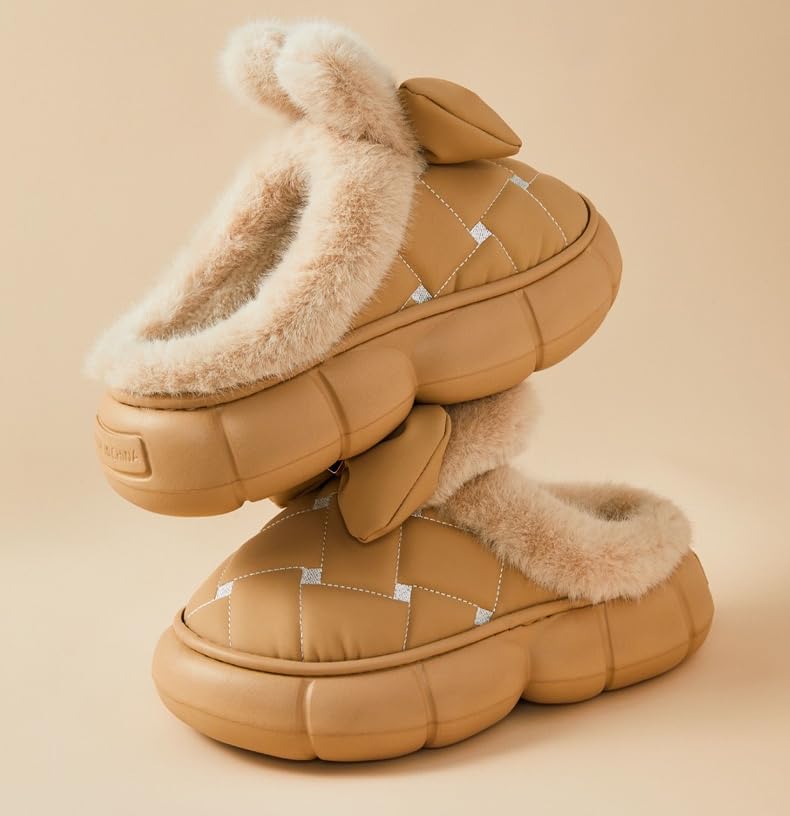 Thick Sole Fluffy Slippers for women, Winter Women's Waterproof & Warm Slippers with Bow Decor, Soft Fleece and Stylish Design Fuzzy Slippers4