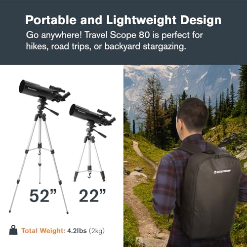 Image of Celestron Travel Scope 80 Portable Refractor Telescope - 80mm Aperture, Fully-Coated Glass Optics - Includes Tripod, Smartphone Adapter, Backpack & Software - Ideal for Beginners & Travel