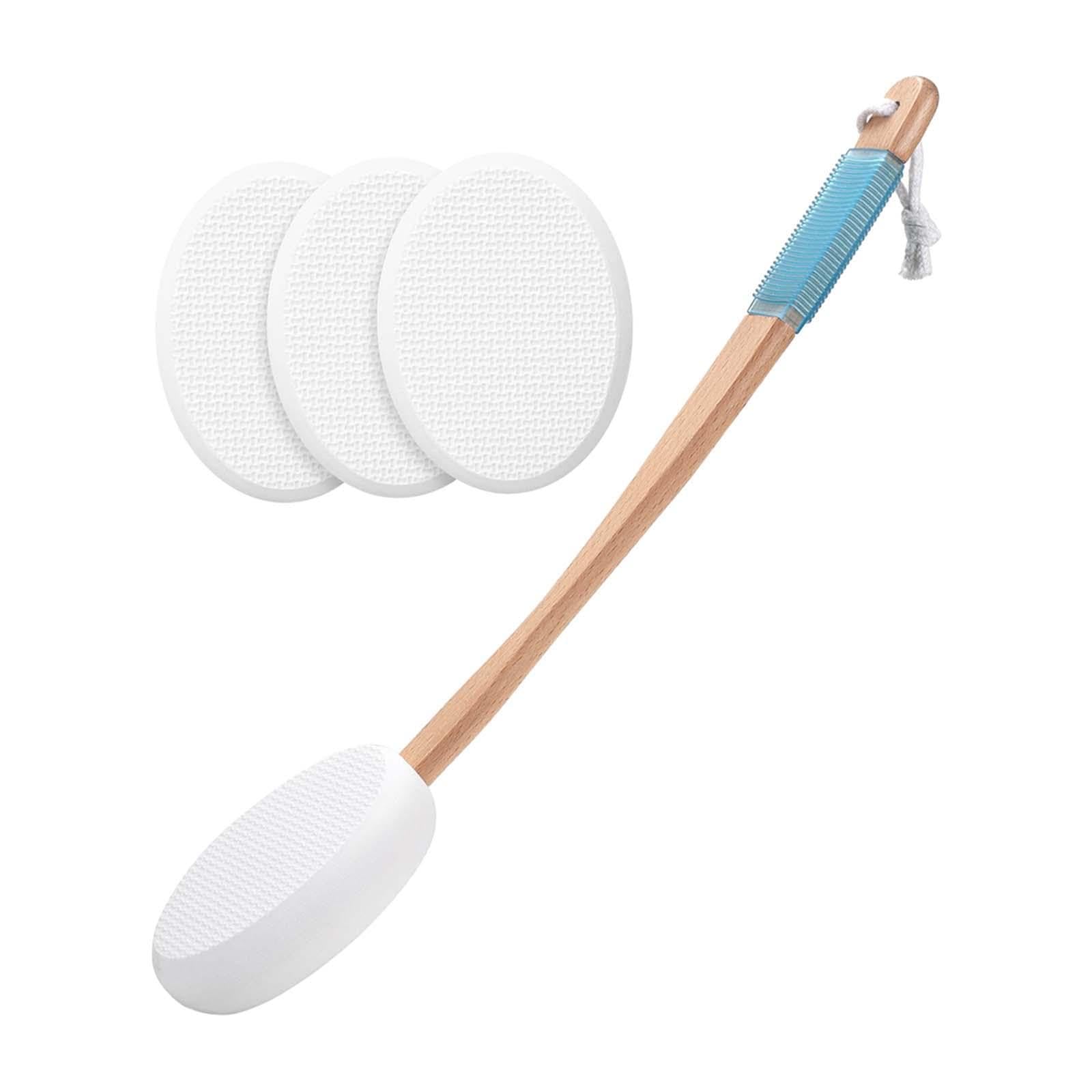 Oshhni Aplicador de loción para espalda y pies, 4 almohadillas reemplazables, ligero, de largo alcance y mango de madera largo para aplicar crema