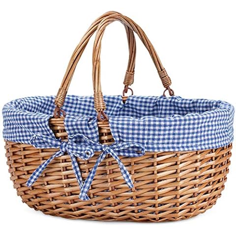 G GOOD GAIN Wicker Picnic Basket with Double Folding Handles,Willow Picnic Hamper,Natural Hand Woven Easter Basket,Easter Eggs and Candy Basket,Bath Toy and Kids Toy Storage,Gift Packing Basket.Blue Cover