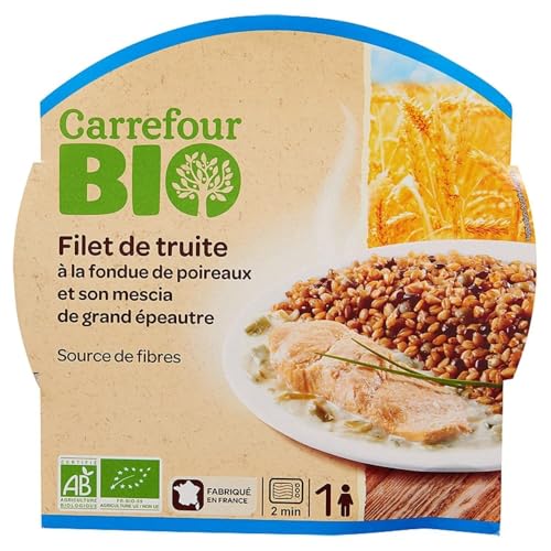 CARREFOUR BIO - Plat Cuisiné Filet de Truite et Fondue de Poireaux avec Grand Épeautre et Légumineuses - la barquette de 300g - Le Lot De 4