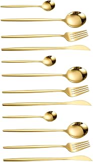 Ciieeo Stainless Steel Cutlery 12pcs Set Fork Spoon Cutter | Golden Finish, Smooth Surface and Easy Cleaning, Practical Home Tableware Kit for Dining and Parties
