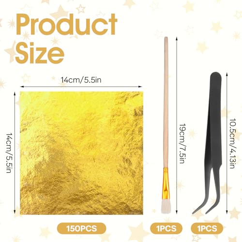 Aysatogc 150 Blatt Goldfolie Flocken Blattgold Goldfolie Papier 14X14CM Blattgold deko mit Pinzetten und Bürsten Imitation für Vergoldung Malerei Küche Handwerk Nägel