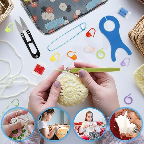 Image of KRENZ 130 Pcs Crochet Kit for Adults Beginner Kids Crochet Hook Yarn Set Hanging Crochet Set Crochet Hooks with Ergonomic Knitting Needle Stitch Markers Storage Bag All in One Crochet Kit Set