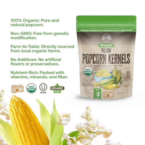 Ava Farms Organic Yellow Popcorn Kernels – 3 Lbs Bag Gluten-Free, Non Gmo – Natural, Healthy, Kosher Popping Corn – Unpopped thumb #1