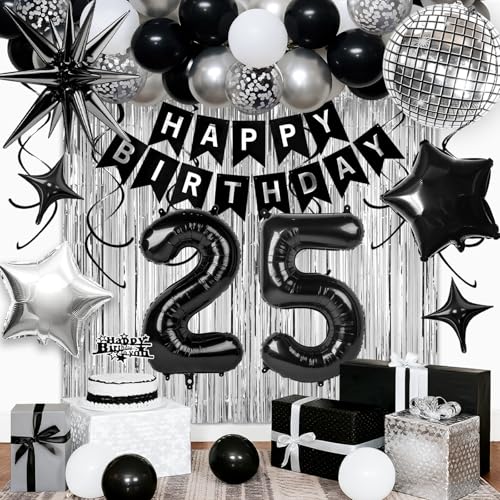 25th Birthday Decorations for Men, Black Silver Happy Birthday Party Set