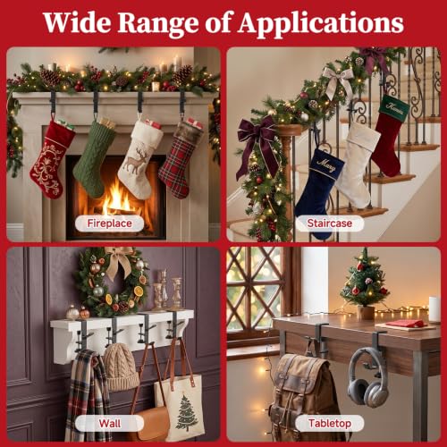 HISFFOG 4 Pack Stocking Holders for Mantle, 2-in-1 Adjustable Christmas Stocking & Garland Hangers with Dual Hooks, No-Drill Metal Fireplace Hooks with Non-Slip Pads, Black - image 6