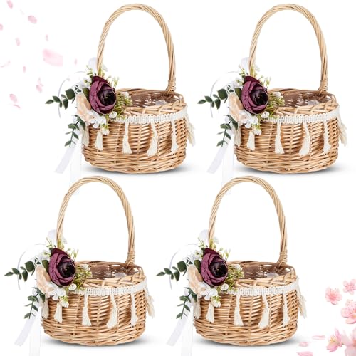 Thyle 4 Pcs Rattan Woven Flower Basket for Wedding Small