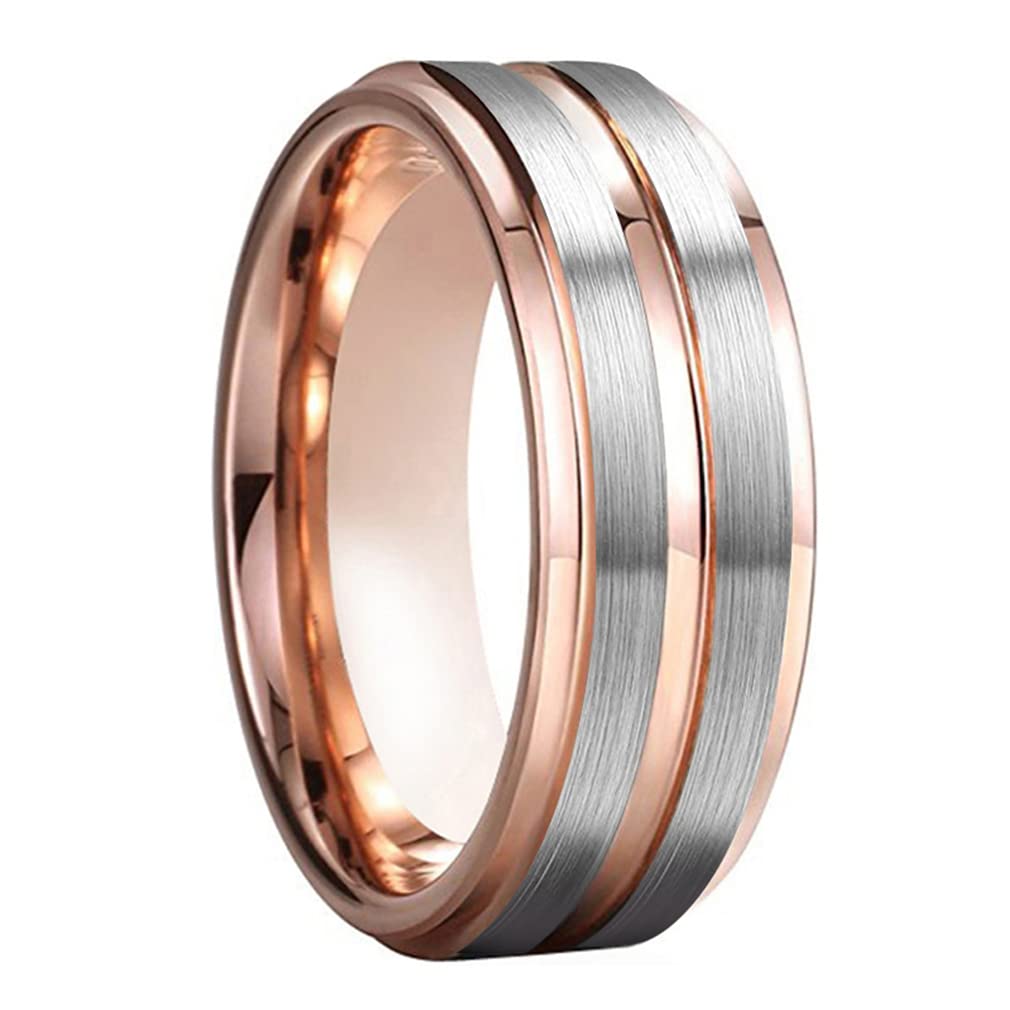 Sunrise100 8mm Tungsten Wedding Bands Ring Rose Gold Top Brushed Finish with Stepped Edges Comfort Fit Rose Grooved Ring Jewelry