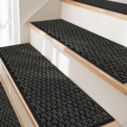 JSEI Stair Treads for Wooden Steps, 4 Pack 9" X 28" Non-Slip Machine Washable Carpet Stair Treads with TPE Backing, Soft Indoor Stair Rug Runner for Kids Elders & Pets, 100% Polyester, Dark