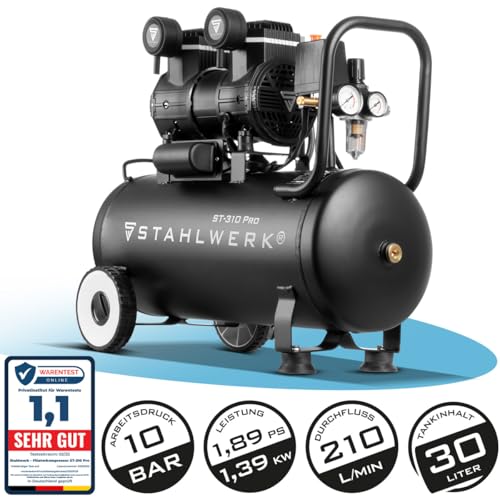 STAHLWERK Compressor 30 l tank - olievrij en stil, 10 bar, persluchtcompressor met borstelloze motoren, 2,1 pk, 1,6 kW, 210 l/min, stille compressor, zuigercompressor - Afbeelding 3