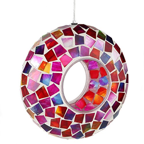 Lily's Home 6 Inches Glass Mosaic Hanging Bird Feeder for Outdoors Fly-Through Large Bird Feeder for Outdoor Garden Decor Backyard, Excellent Gift for Animals Lovers, Purple, Pink and Red