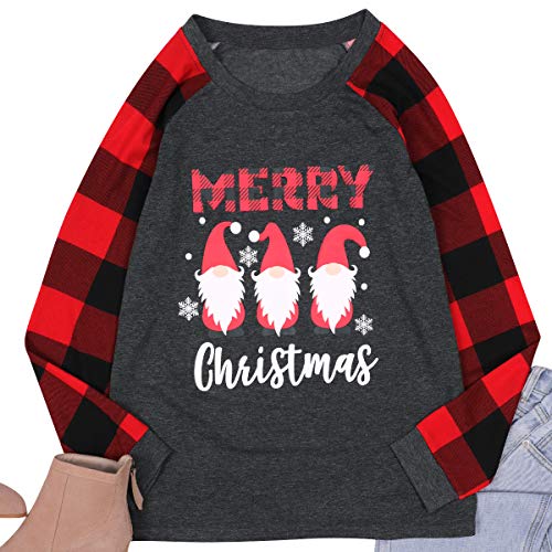 Merry Christmas Santa Graphic Cute Shirt Womens Plaid Splicing Long Sleeve Raglan Tees Baseball Tops Black Red