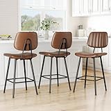 Raynesys 24-Inch Leather Bar Stools Set of 3, Counter Height Barstools with High Backrest，Bar Chairs for Kitchen Island with Heavy Duty Metal Legs, Dark Brown