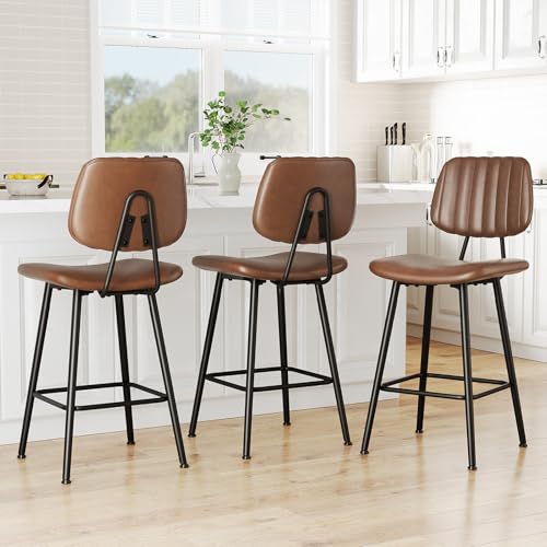 Image of Raynesys 24-Inch Leather Bar Stools Set of 3 with High Backrest, Dark Brown