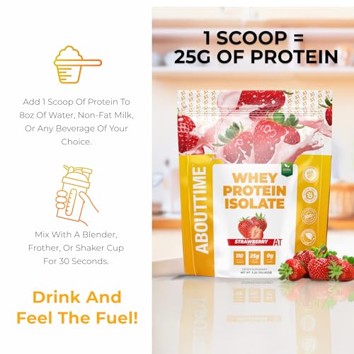Image of About Time Whey Protein Isolate Powder 25g Strawberry, Natural Ingredients, Non-GMO, Gluten-Free, Lactose-Free, Zero Sugar, Low Carb, 32 Servings